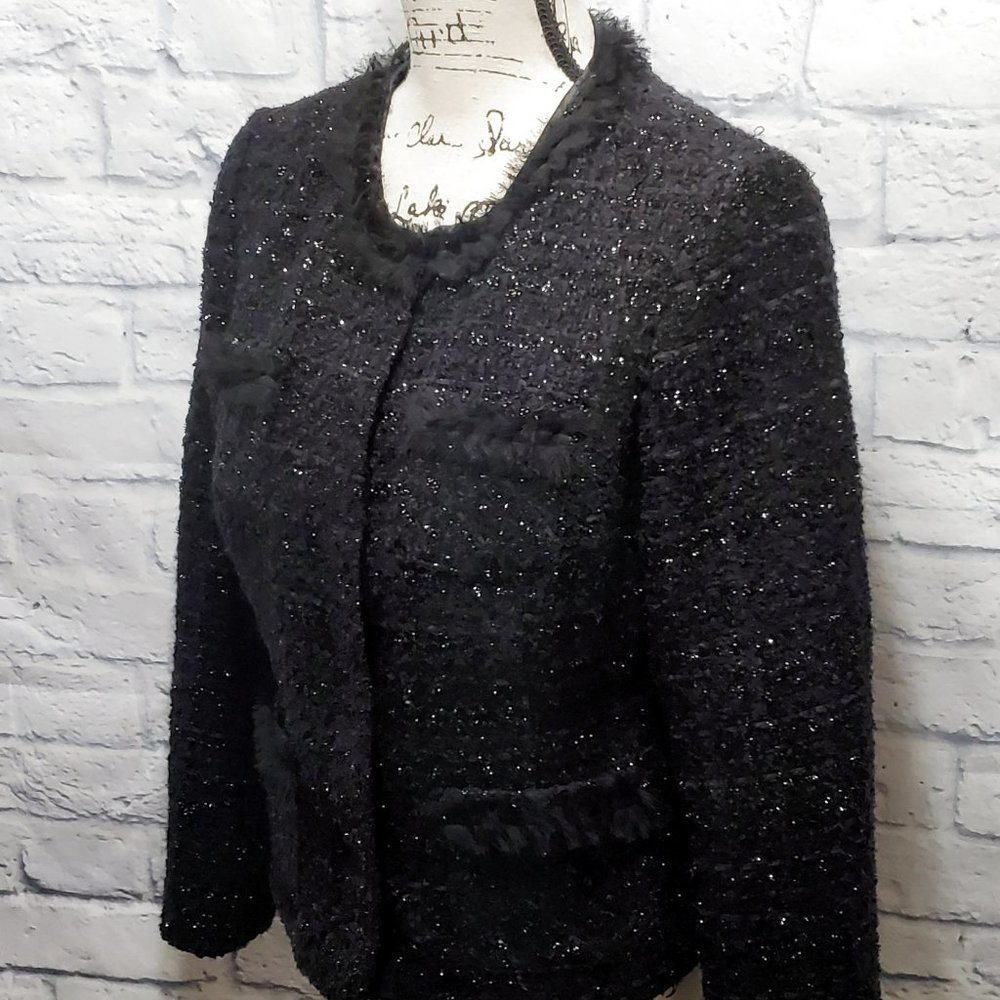 Alfani Black Shimmery Feather Trim Wool Jacket